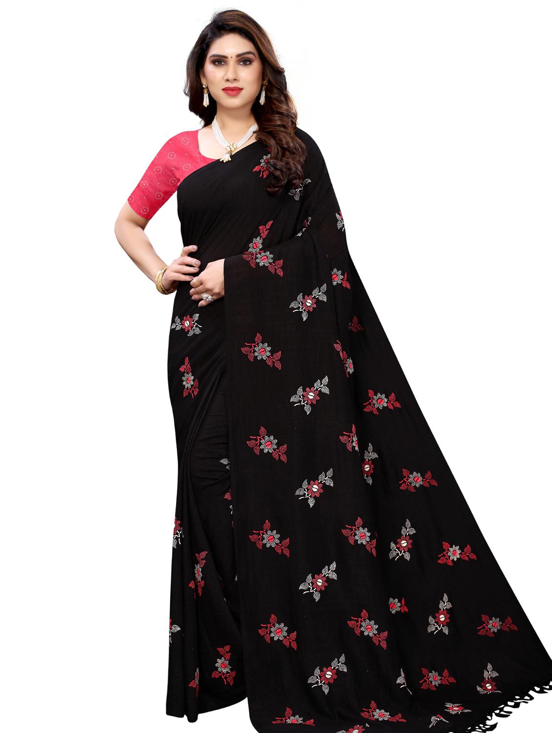 black floral printed saree with blouse - 18385614 -  Zoom Image - 0