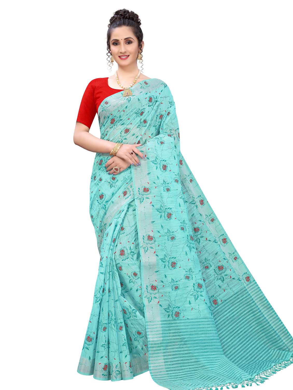 sky blue cotton blend printed saree - 18385642 - Zoom Image - 0