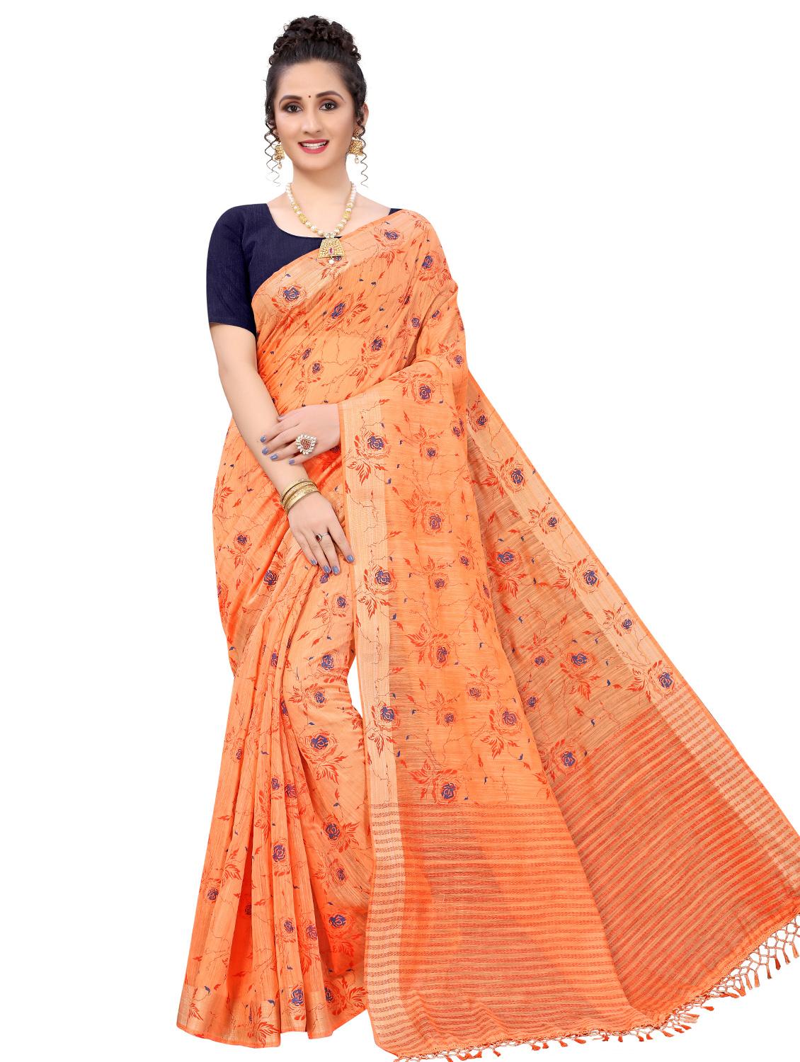 orange printed saree with blouse - 18385645 - Zoom Image - 0