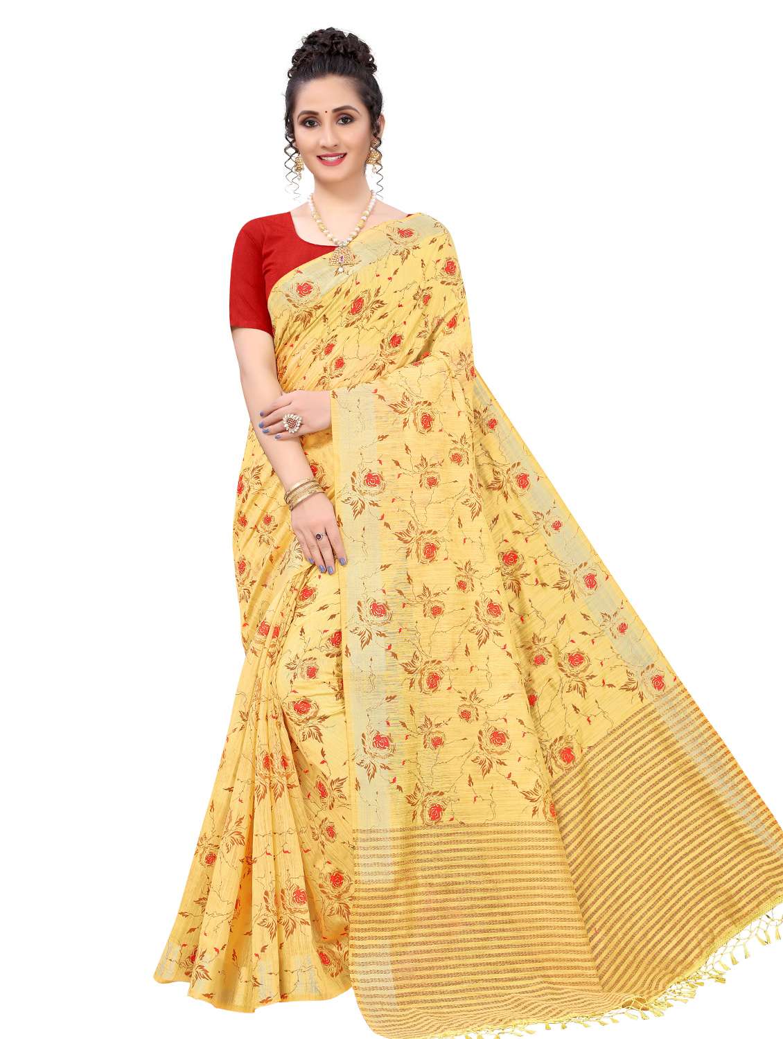 yellow cotton blend printed saree - 18385646 -  Zoom Image - 0