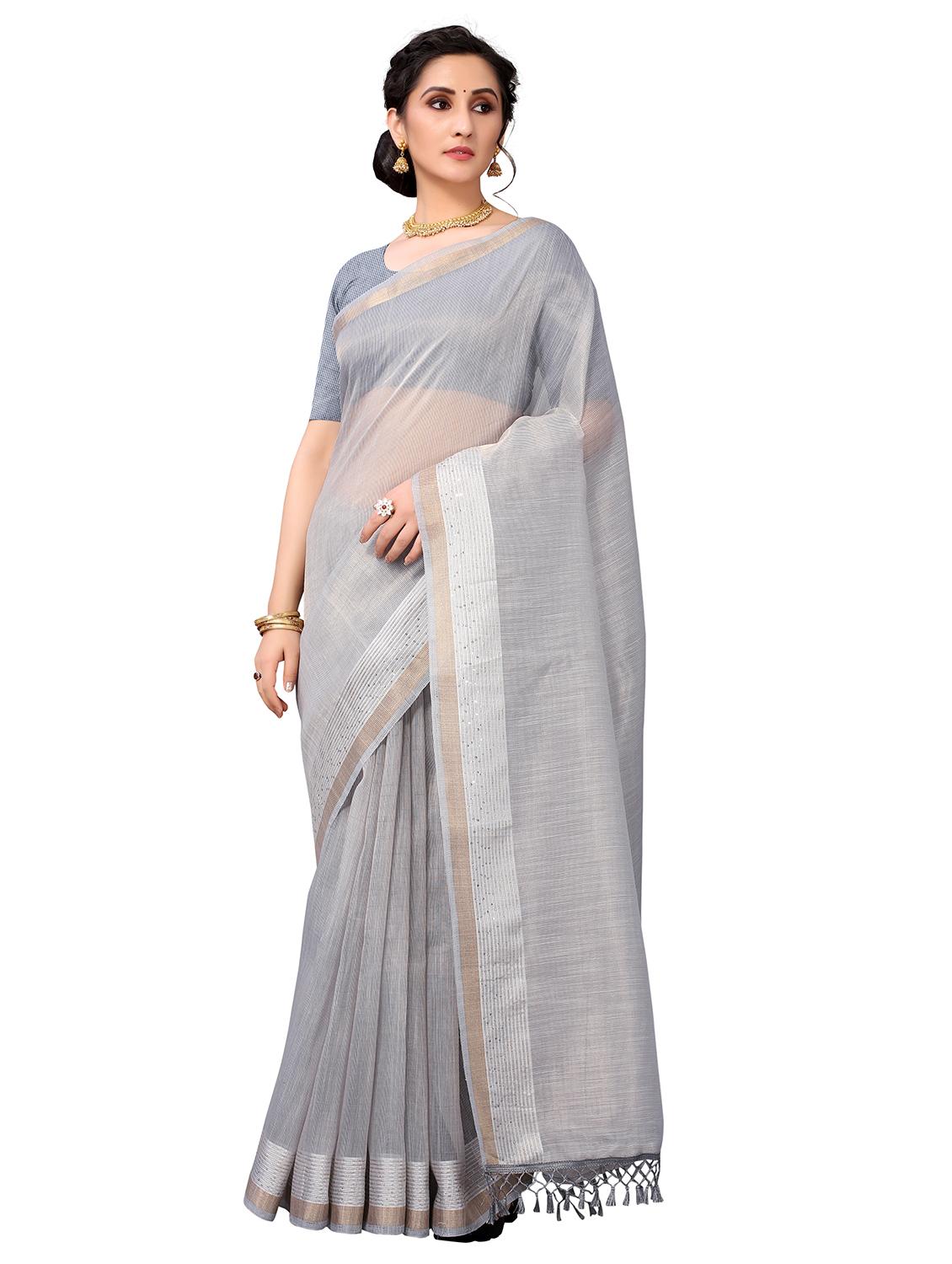 grey cotton blend saree with blouse - 18385656 -  Zoom Image - 0