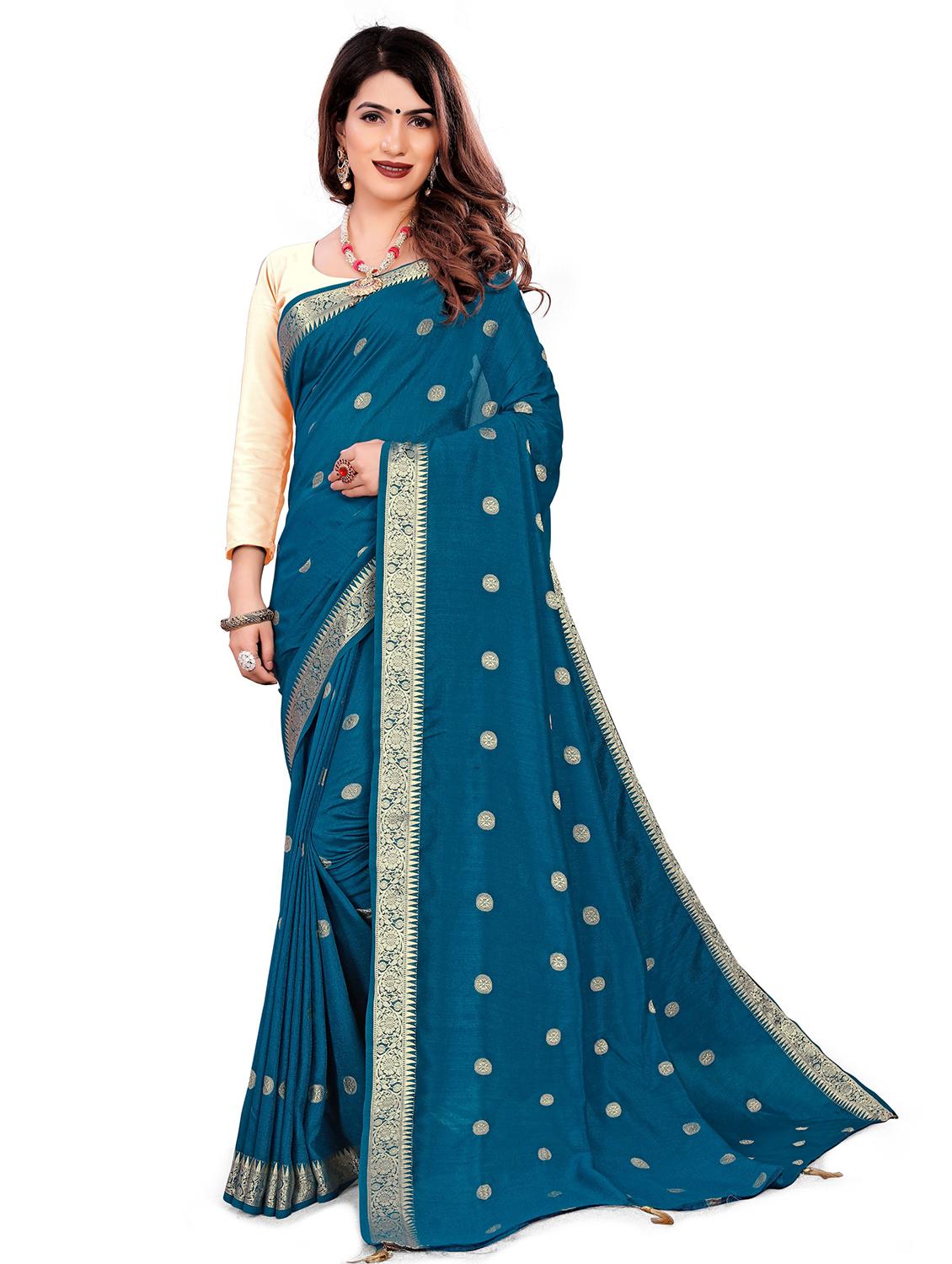 teal woven saree with blouse - 18385672 - Zoom Image - 0