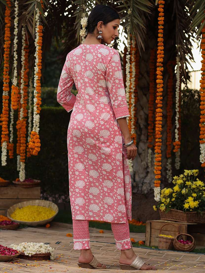 Buy online Pink Cotton Kurta Pant Set 