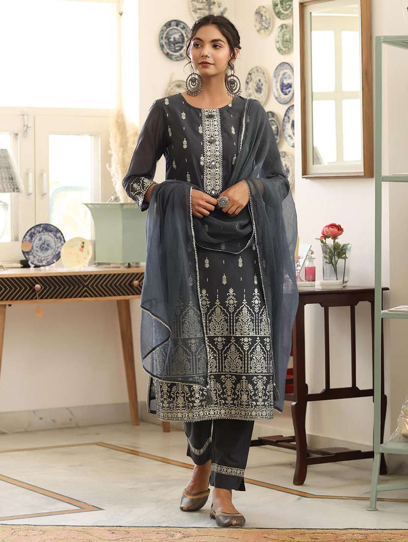 grey chanderi suit  set