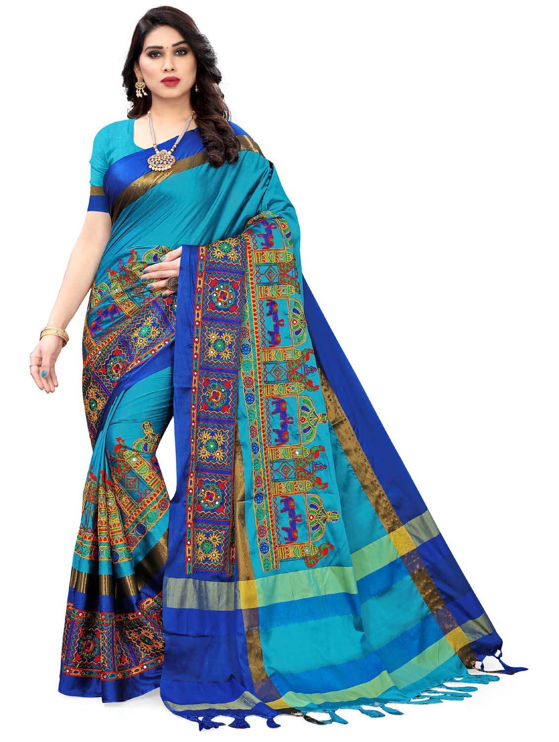 turquoise cotton silk embroidered saree - 18386744 -  Zoom Image - 0