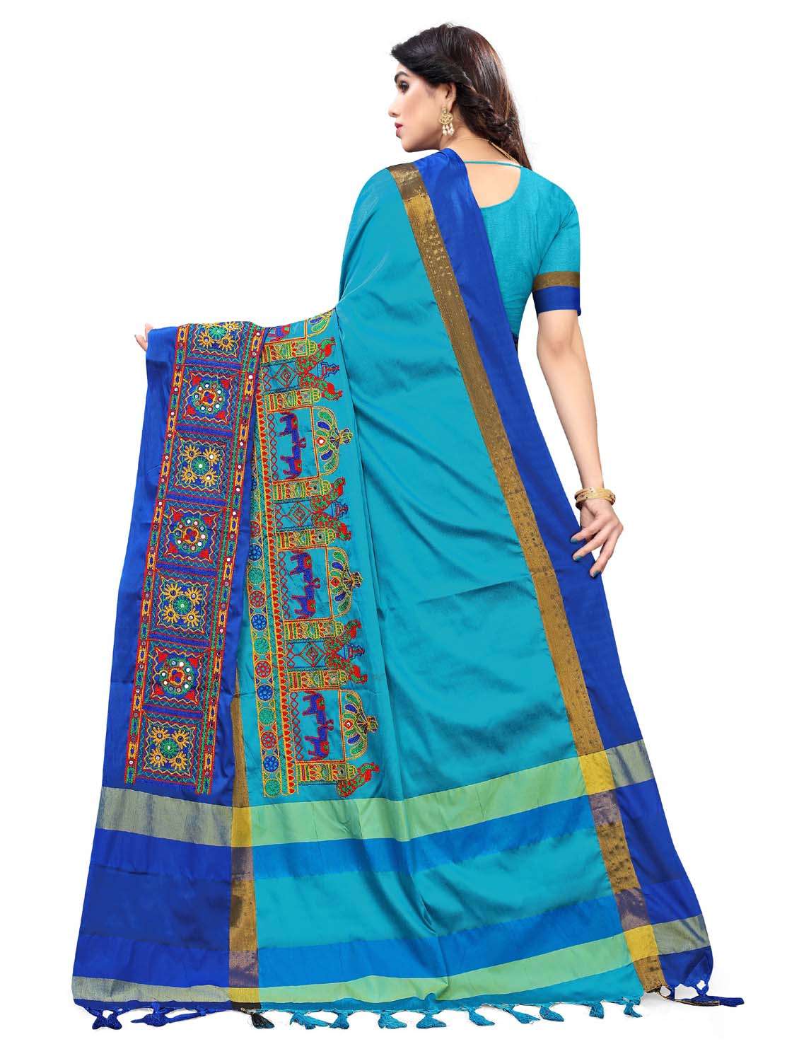 turquoise cotton silk embroidered saree - 18386744 - Standard Image - 3