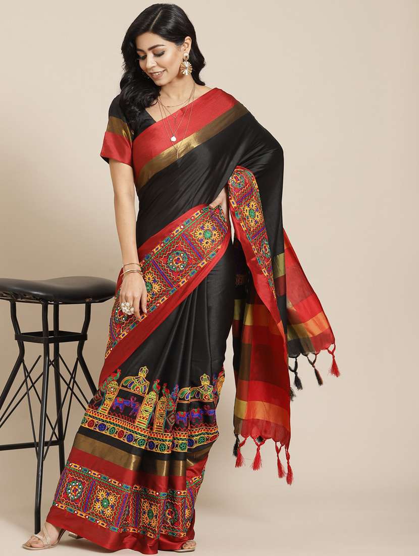 black cotton silk embroidered saree with blouse - 18386752 - Zoom Image - 0