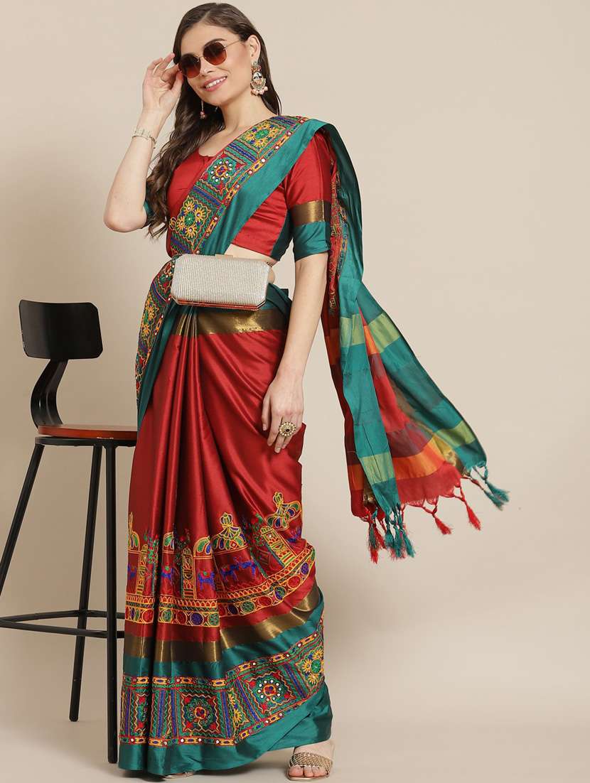 red cotton silk embroidered saree with blouse - 18386755 - Zoom Image - 0