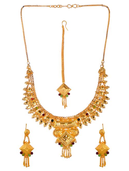 gold brass necklace earring and maang tikka set - 18387100 - Standard Image - 0