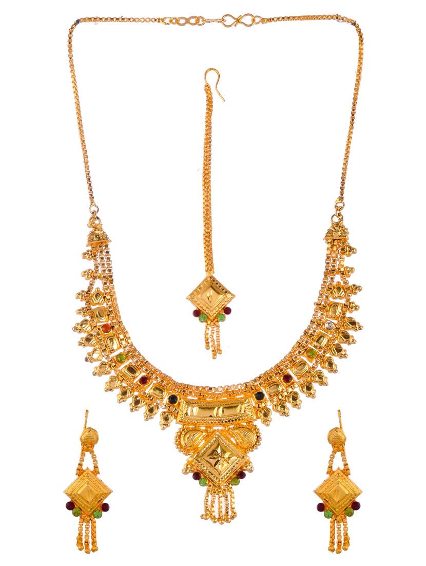 gold brass necklace earring and maang tikka set - 18387100 - Zoom Image - 0