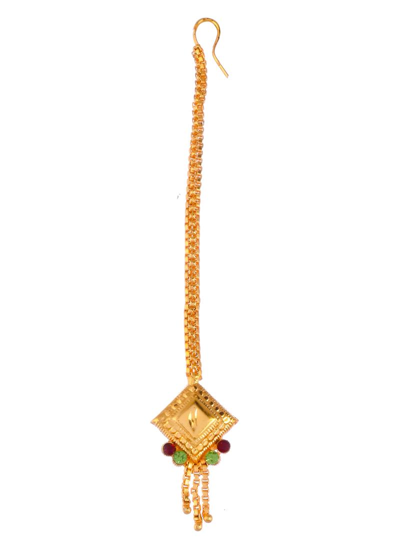 gold brass necklace earring and maang tikka set - 18387100 - Standard Image - 3