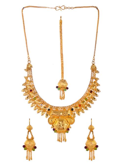 gold brass necklace earring and maang tikka set - 18387104 -  Standard Image - 0