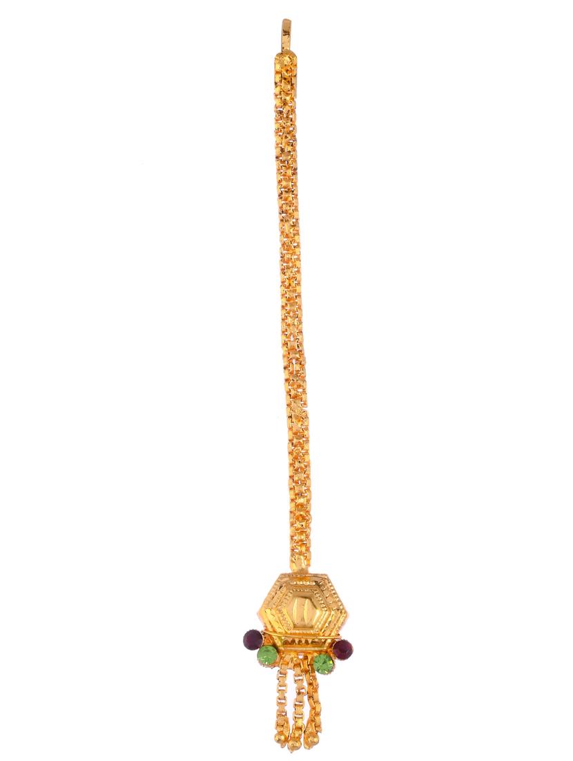 gold brass necklace earring and maang tikka set - 18387104 - Standard Image - 3
