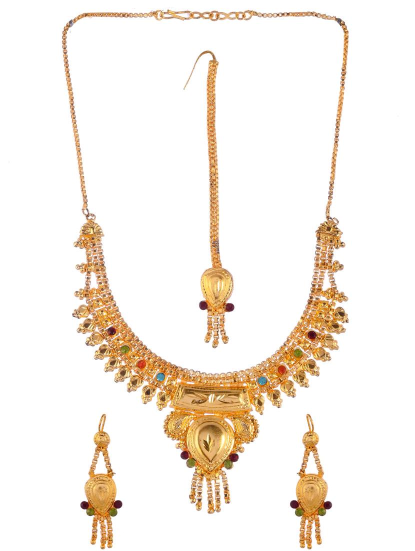 gold brass necklace earring and maang tikka set - 18387106 -  Zoom Image - 0