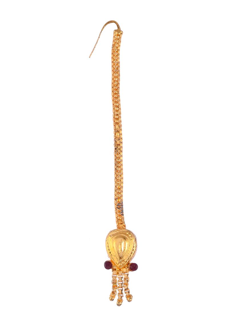gold brass necklace earring and maang tikka set - 18387106 - Standard Image - 3