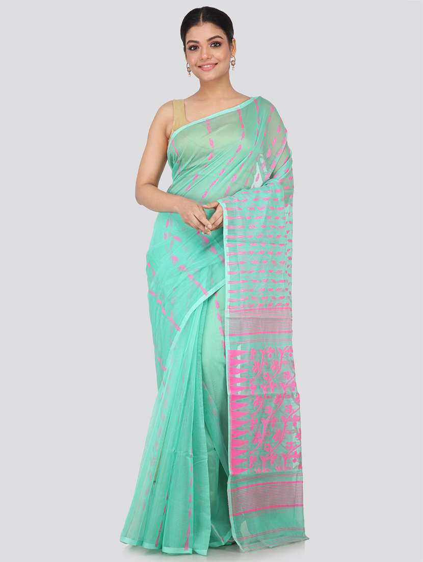 green cotton blend jamdani saree