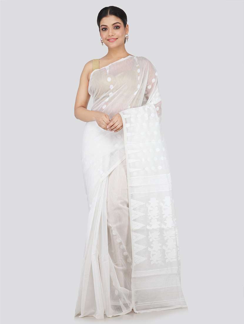 white cotton blend jamdani saree