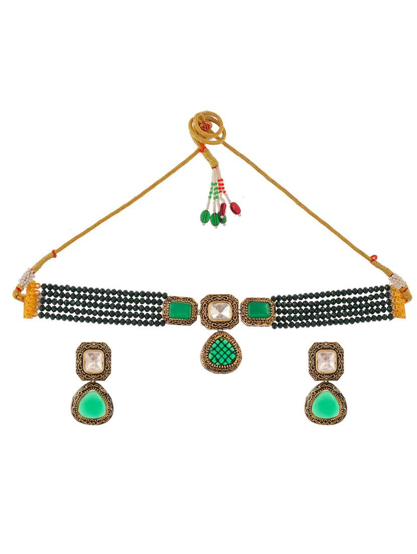 green brass necklaces and earring