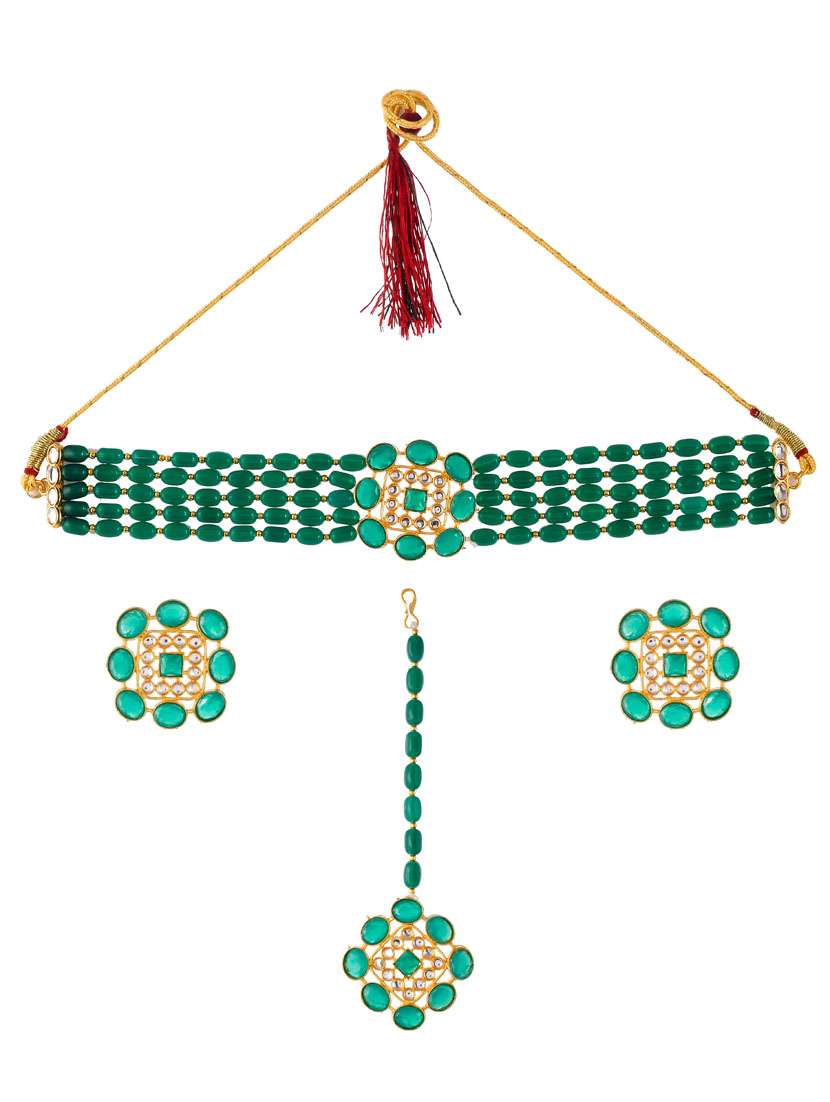 green brass necklace earring and maang tikka set