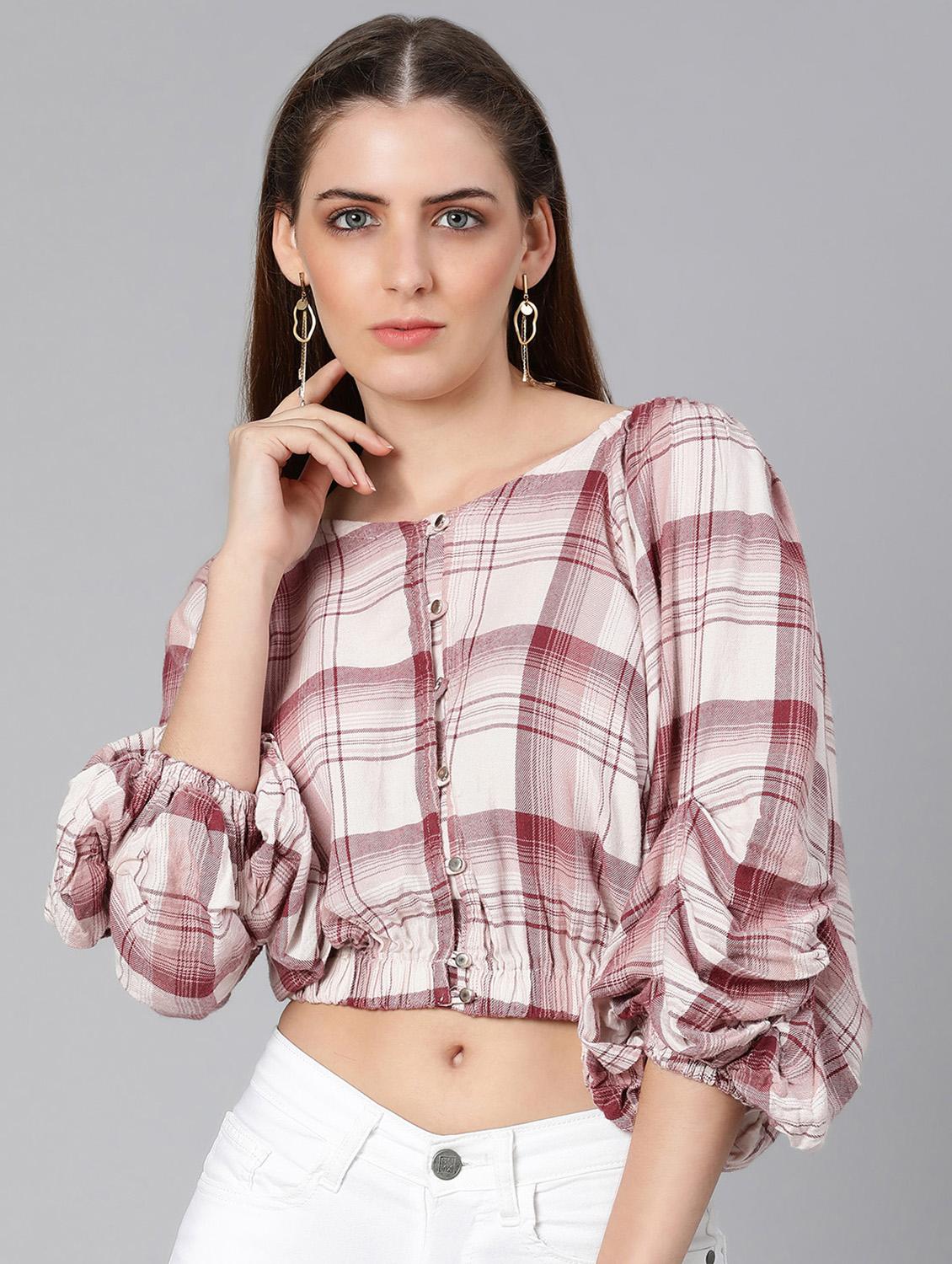v-neck checkered crop top - 18388442 - Zoom Image - 0