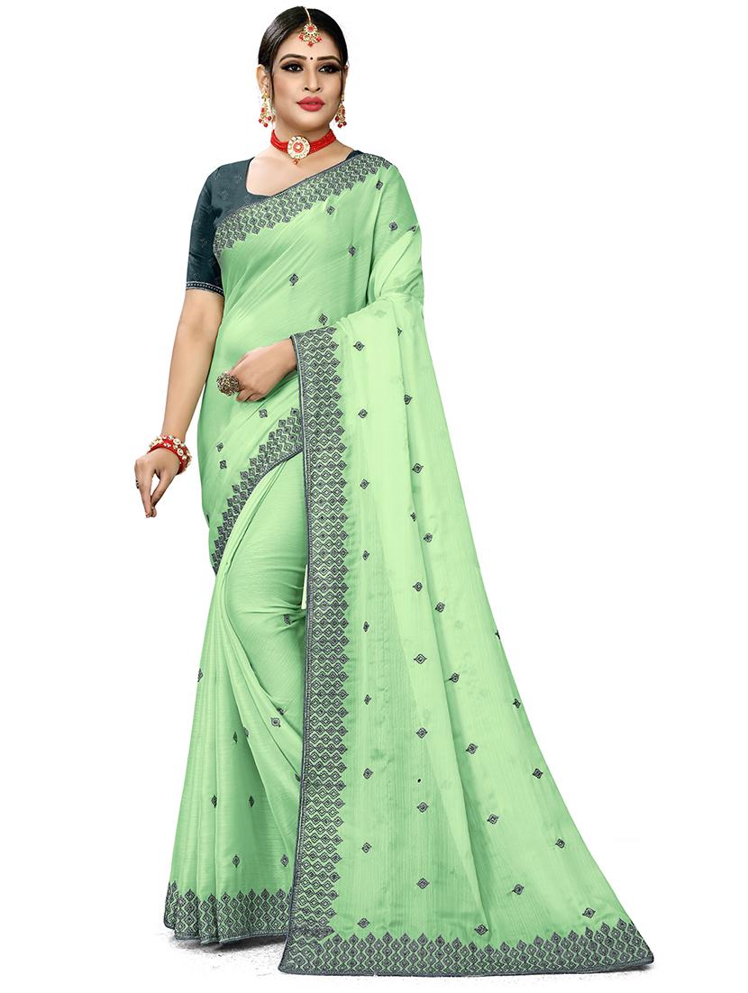 green chiffon embroidered saree with blouse - 18388752 -  Zoom Image - 0