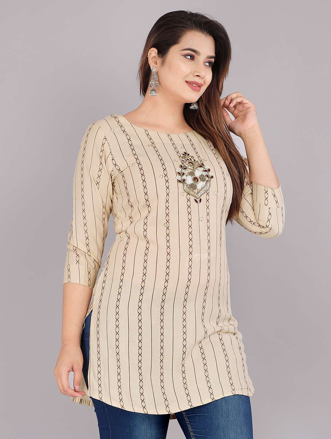 Beige Embellished Straight Kurti