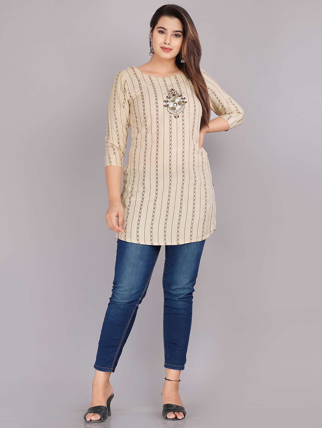 Beige Embellished Straight Kurti