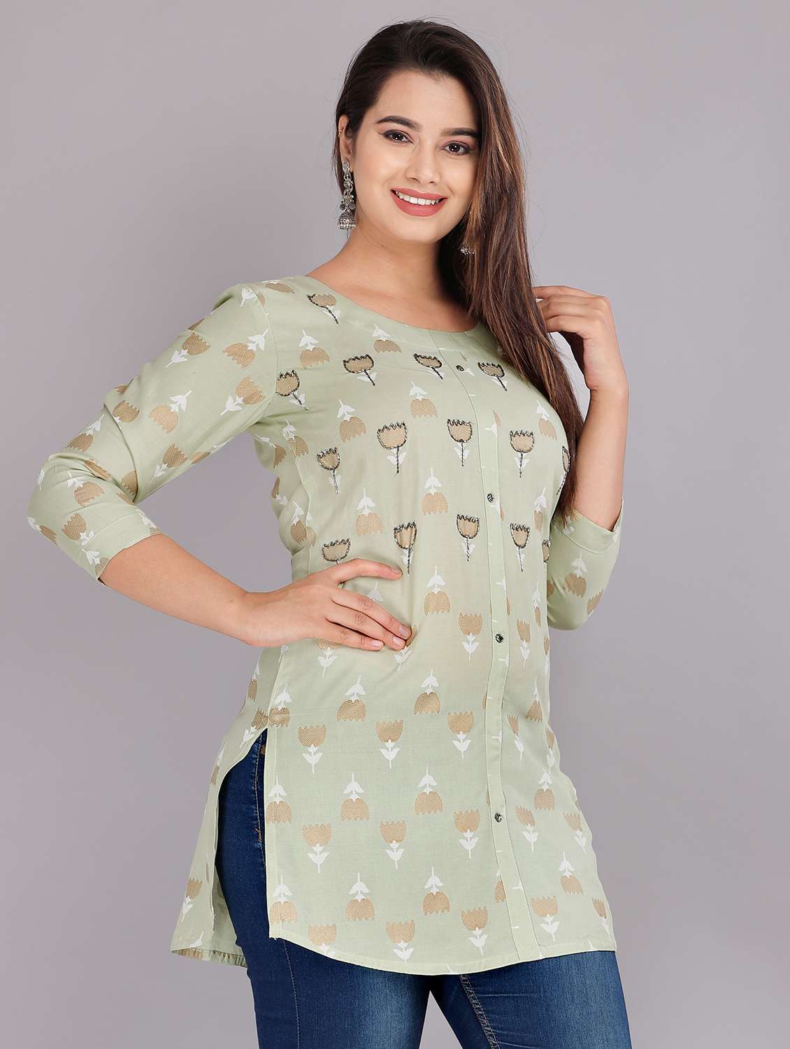 Green Embellished Straight Kurti