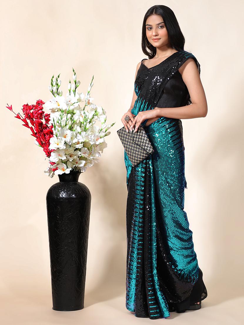 turquoise georgette embroidered saree with blouse - 18389064 - Zoom Image - 0