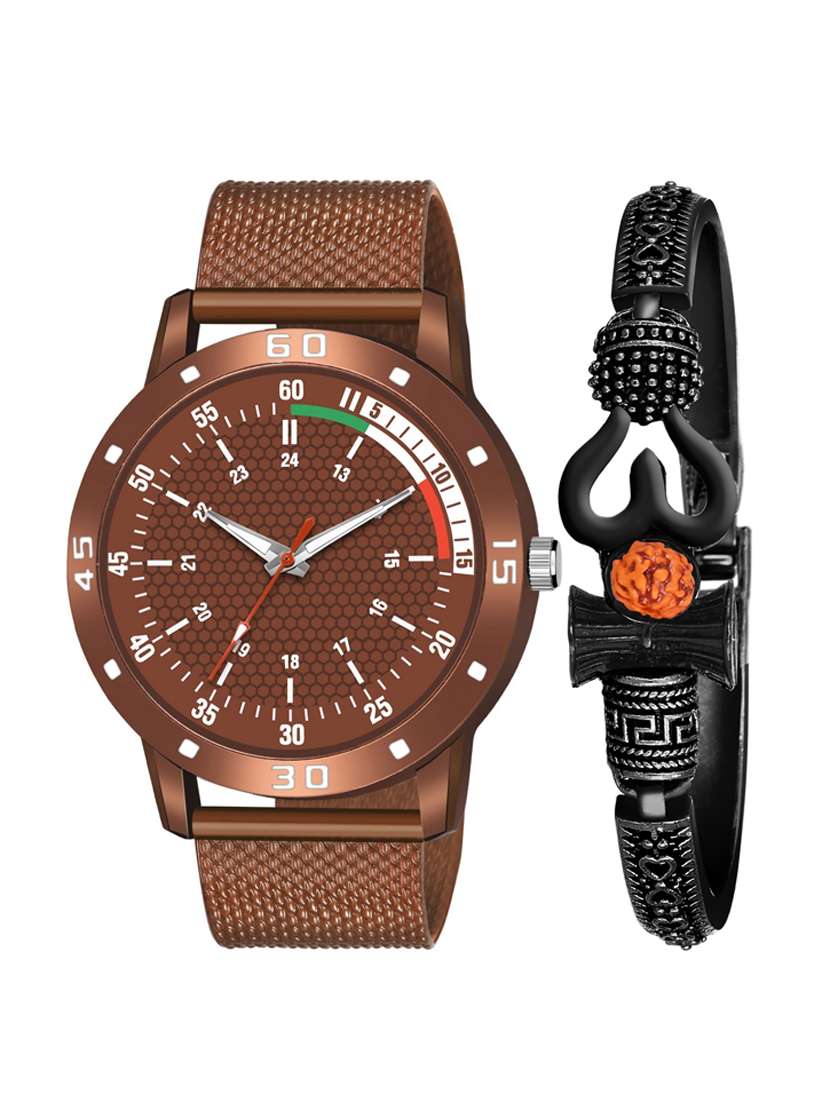 kajaru new fancy stylish - blue pu strap & mahadev bracelet combo watch