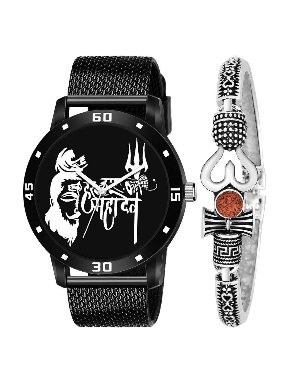 kajaru new fancy stylish - black pu strap & mahadev bracelet combo watch