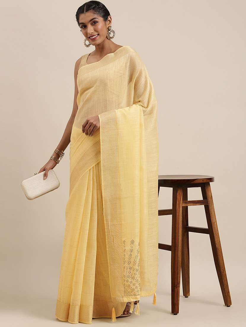 cream cotton silk plain saree with blouse - 18389407 - Zoom Image - 0