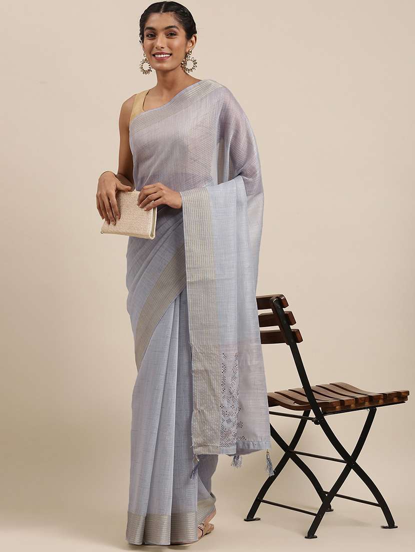 women's bordered grey colored saree with blouse