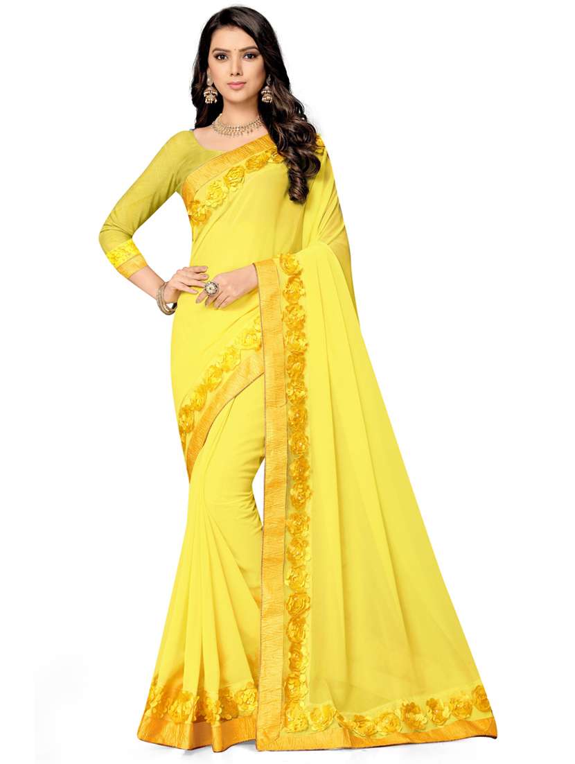 yellow georgette bordered saree with blouse - 18389591 - Zoom Image - 0