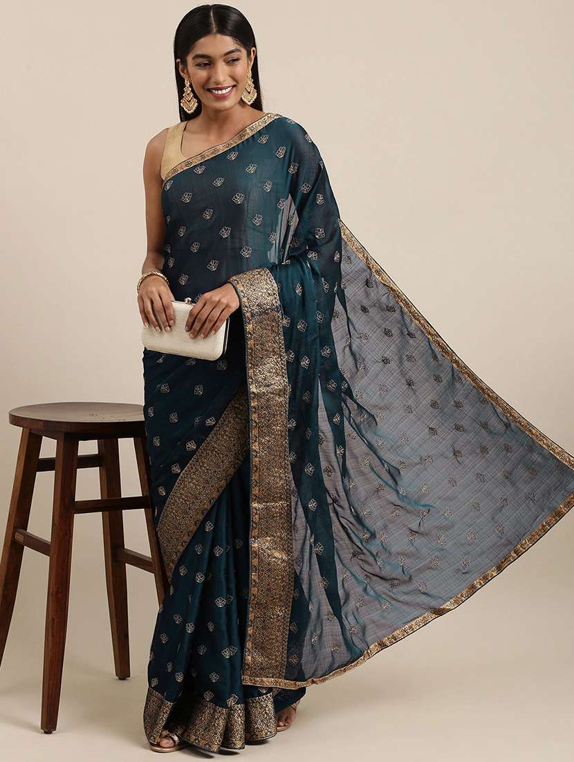 navy chiffon embroidered saree with blouse