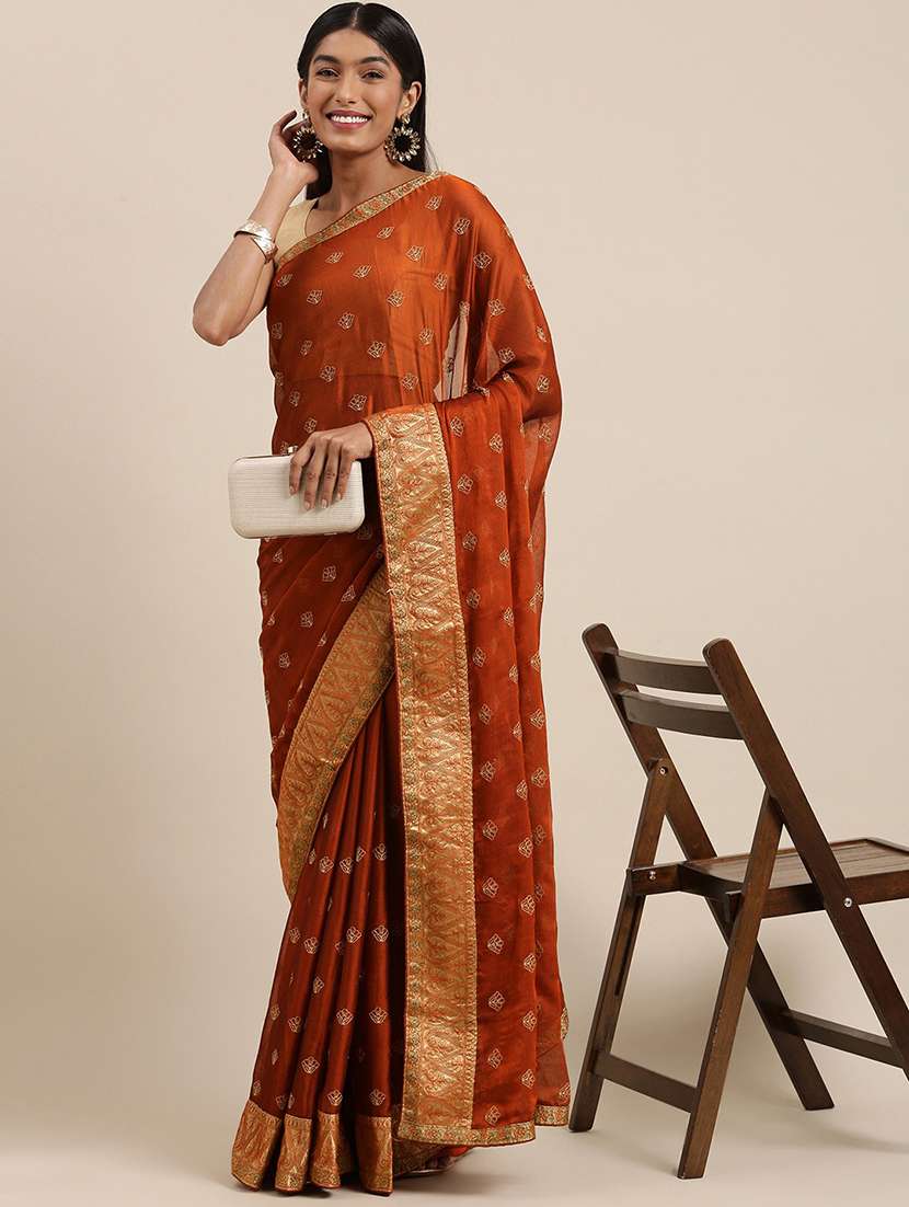 orange chiffon embroidered saree with blouse