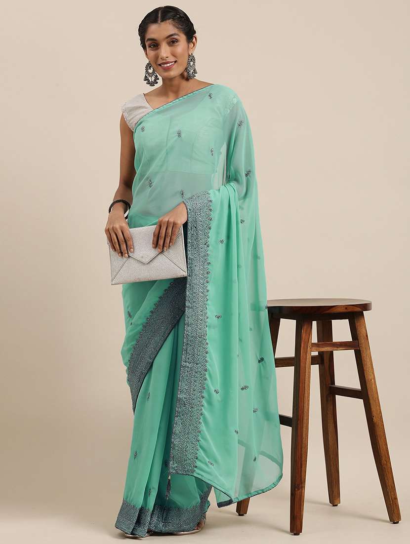 turquoise georgette embroidered saree with blouse - 18390128 - Zoom Image - 0