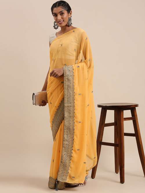 yellow georgette embroidered saree with blouse - 18390131 - Standard Image - 0