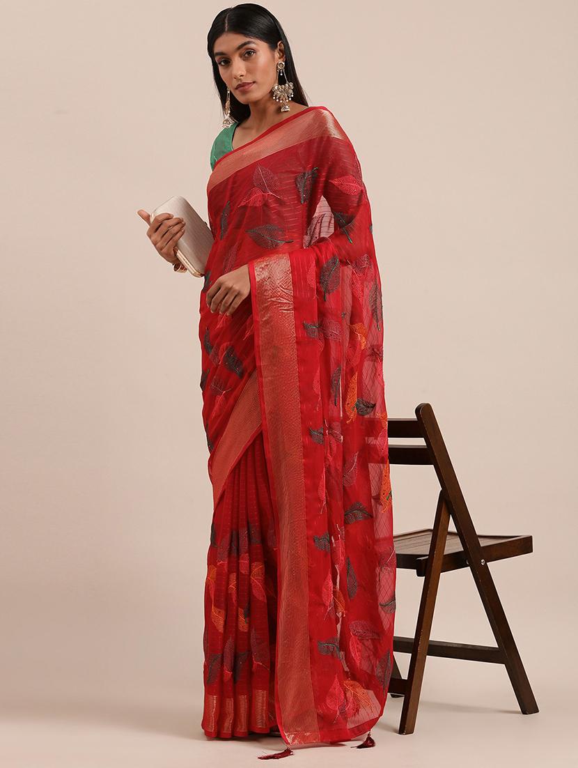 red chiffon embroidered saree with blouse - 18390135 -  Zoom Image - 0