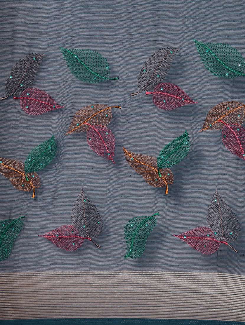 navy chiffon embroidered saree with blouse - 18390136 -  Standard Image - 3