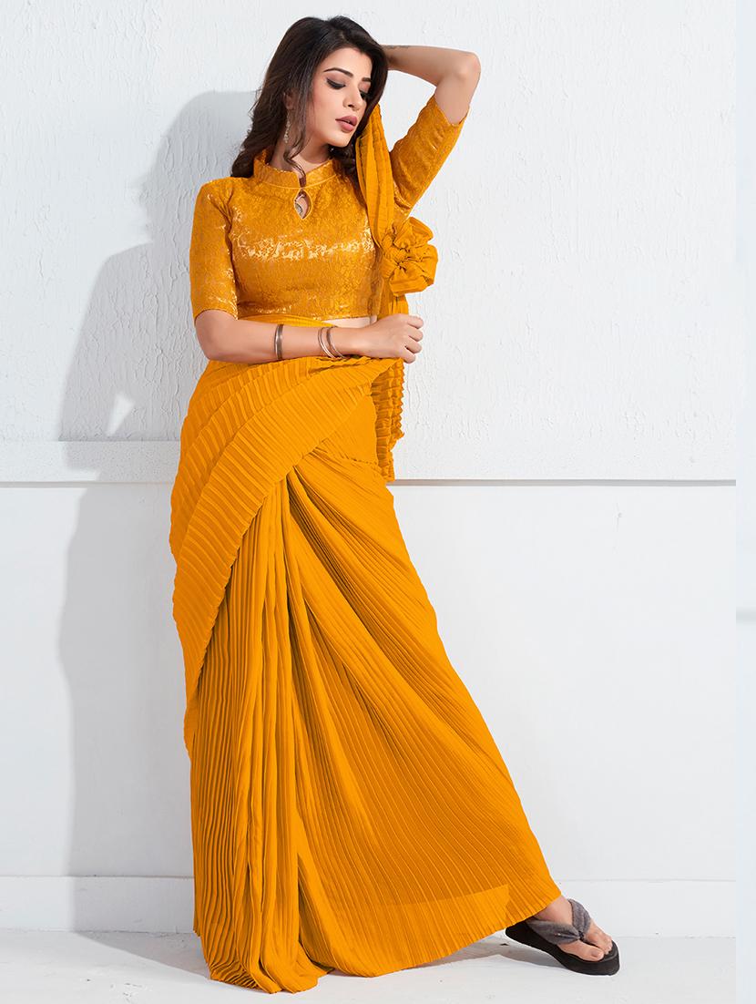 mustard georgette plain saree with blouse - 18390164 -  Zoom Image - 0