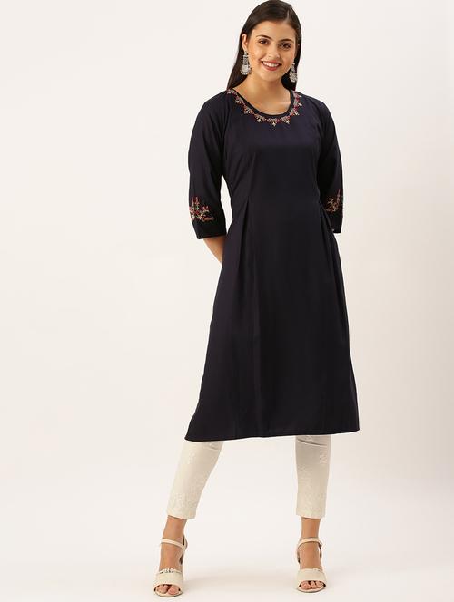 navy solid a-line kurta - 18390195 - Standard Image - 0
