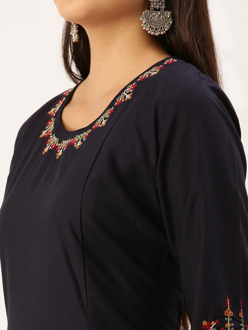 navy solid a-line kurta - 18390195 - Standard Image - 3