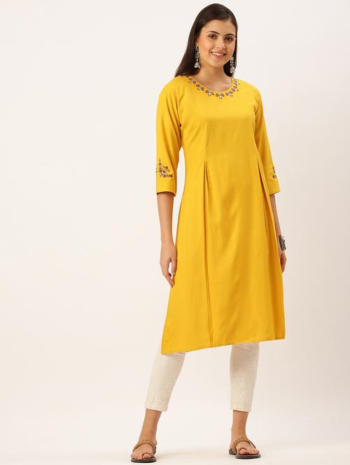 women round neck straight kurta with neck embroidery - 18390215 -  Standard Image - 0