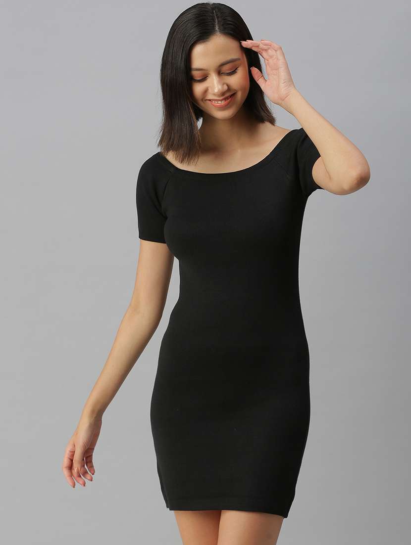 boat neck solid bodycon dress