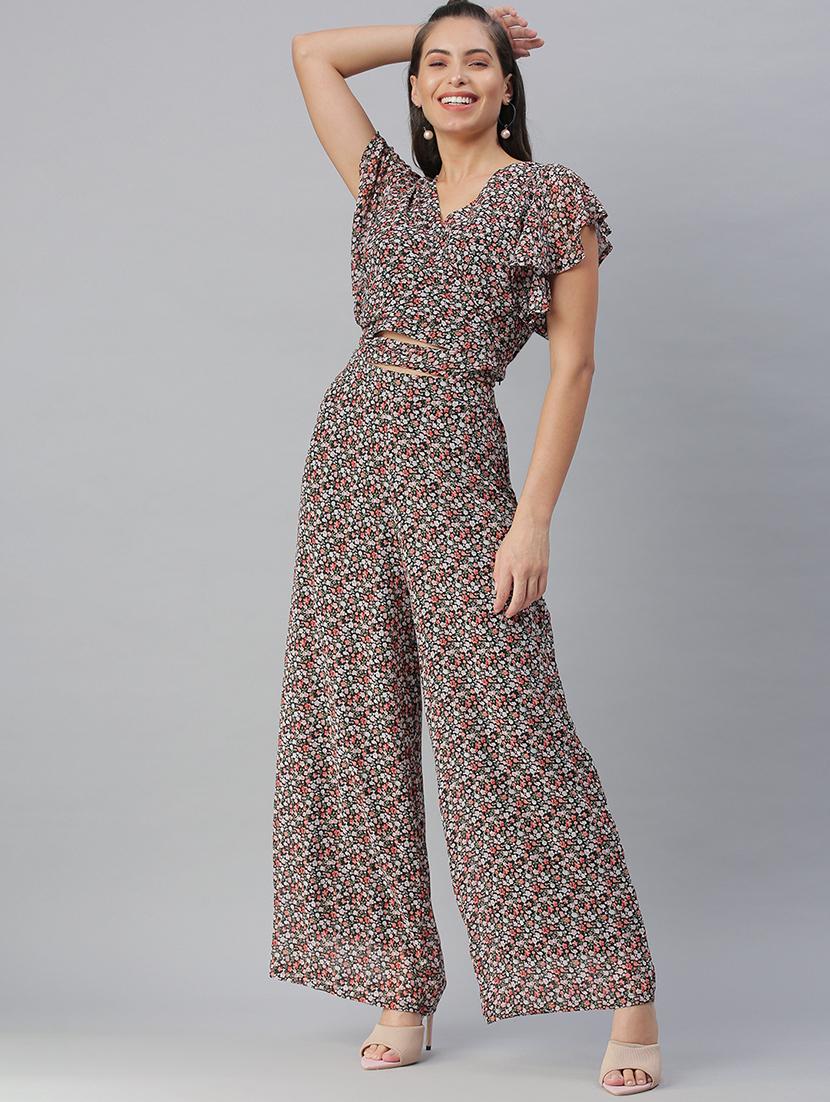 v-neck printed top and palazzos set set - 18390820 - Zoom Image - 0