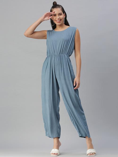 round neck printed full leg jumpsuit - 18390887 - Standard Image - 0