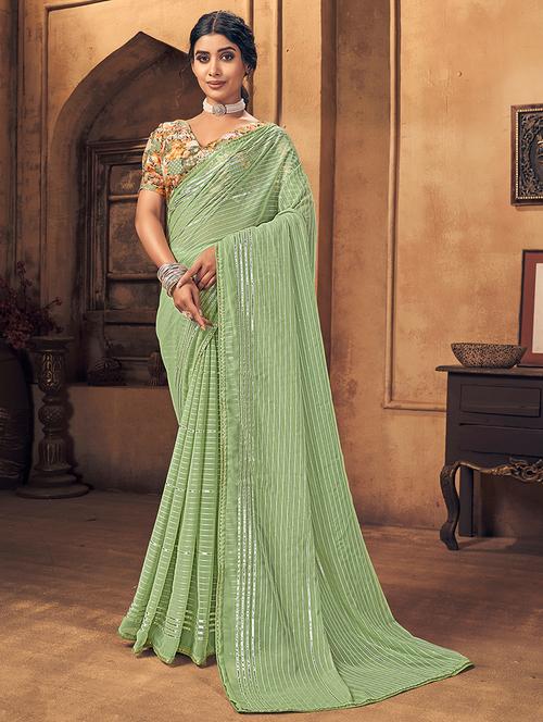 green georgette saree with blouse - 18391053 -  Standard Image - 0