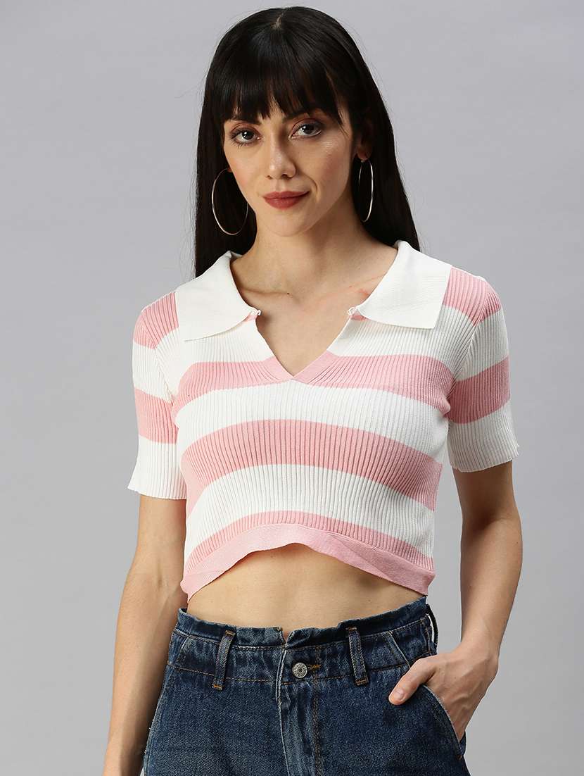 short sleeves striped crop top - 18391991 -  Zoom Image - 0