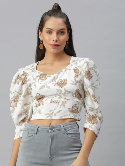 puff sleeve floral crop top - 18392149 -  Standard Image - 0